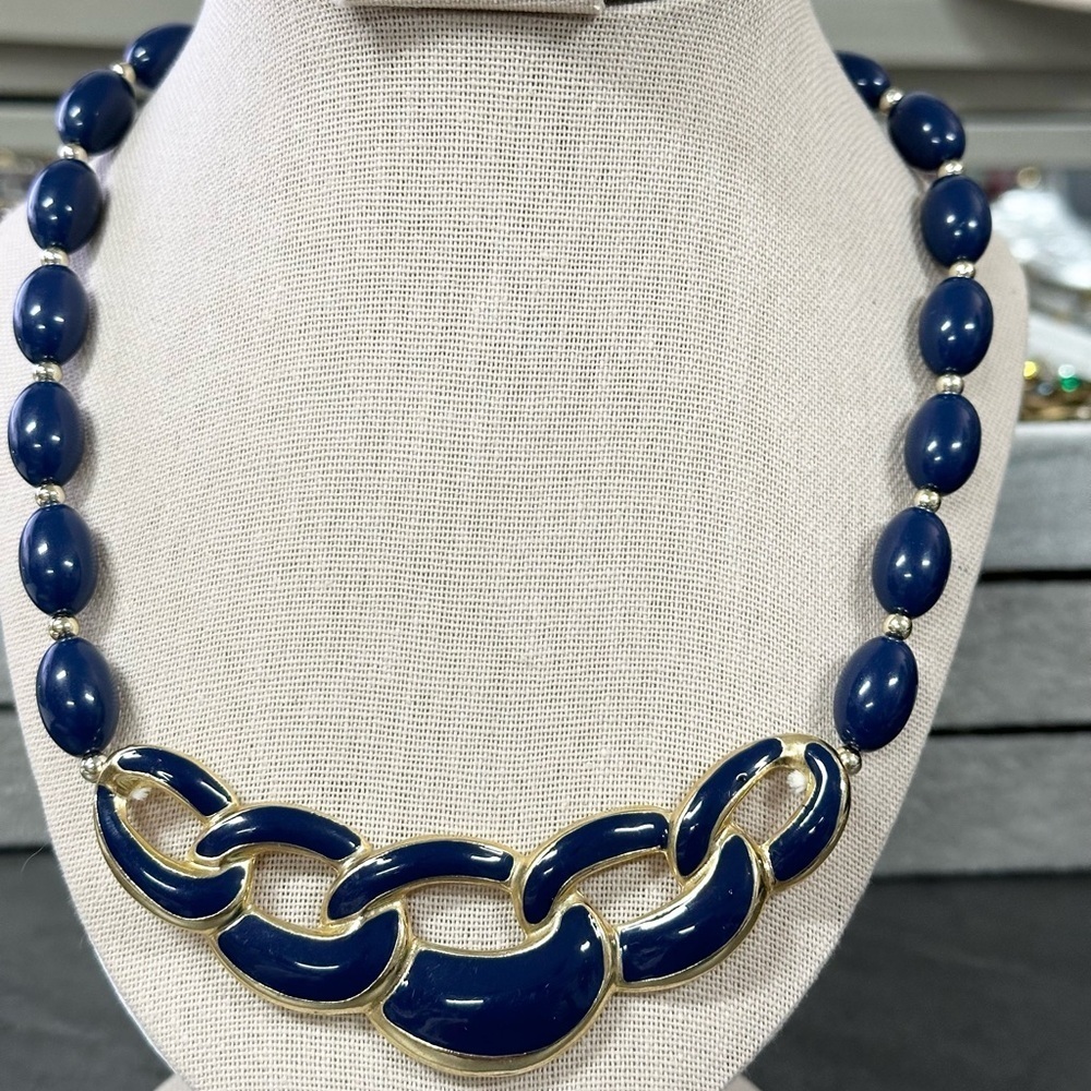 Vintage Navy Blue Enamel And Beaded Gold Tone Statement Necklace
